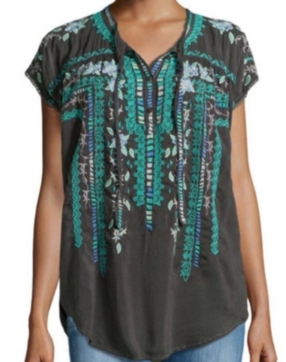 Johnny Was Athina Gray Aqua Embroidered Rayon Tunic Top Medium M Boho